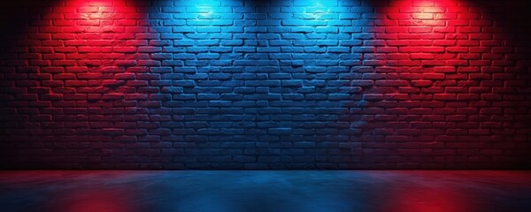 Aufkleber - Brick wall illuminated red blue lights. Dark interior floor with colorful neon spotlight effect. Modern style empty room interior, perfect for product placement, design projects.