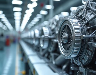 Poster - Modern industrial photo car engine production line. Shiny stainless steel components. Factory machinery. Automated manufacturing process. Precision engineering technology.