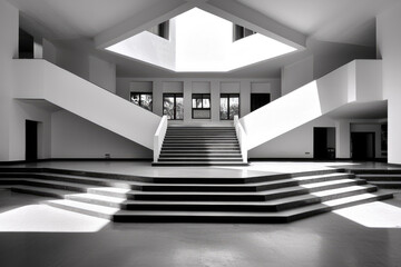 Aufkleber - Modern interior space with angular architecture, geometric staircase, natural light, and minimalist design, creating dramatic