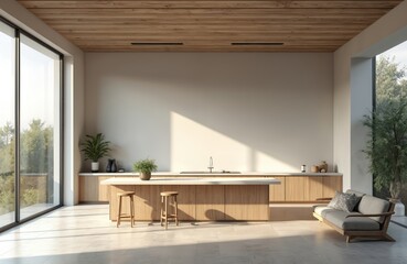 Poster - Modern minimalist kitchen interior design. Large windows offer natural light, bright open space. Stylish wooden furniture, island with stools, sofa. Clean lines, blank wall for customization,
