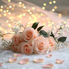 Poster - Soft pink rose bouquet, delicate white flowers, lace, and glowing bokeh lights create romantic, dreamy atmosphere