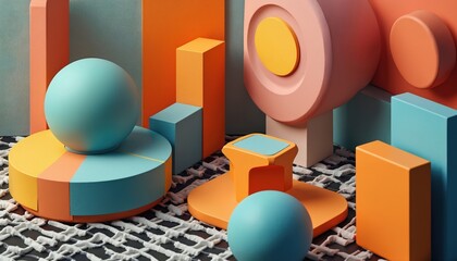 Fototapete - Illustration featuring vibrant, colorful geometric shapes. Composition includes spheres, blocks, other shapes. Bright, modern, contemporary design suitable for decor, interior, fashion, art projects.
