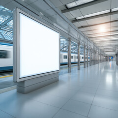Poster - Blank vertical billboard, modern train station, empty platform, sunlight, urban transportation, clean interior