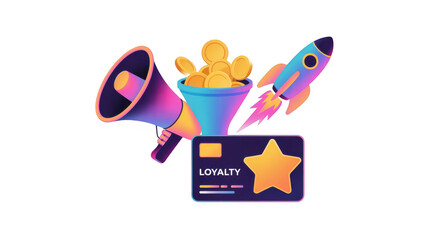 Wall Mural - megaphone announcing loyalty program with coins collecting in funnel and rocket launching, symbolizi