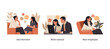 © stonepic - Vector illustrations showing a job interview, onboarding training with a work manual, and a new employee introduction in office setting.