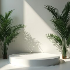 Poster - White podium with palm leaves shadows. Minimalist product presentation, display, background template. Nature, tropical scene with green palm trees on white wall. Sunlight, shadows create depth.