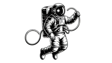 Poster - Hand drawn astronaut floats in the vast expanse of space, tethered to his spacecraft, with the universe reflected in his helmet visor against a transparent background