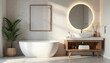 © miss irine - Modern bathroom interior design with white tub wooden sink, mirror, accessories. Minimalist decor, spa ambiance. Empty room with sunlight. Scandinavian stylish bathroom template. Bathroom design