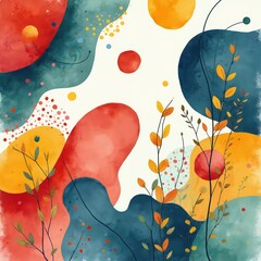 Fototapete - Abstract watercolor art illustration with colorful organic shapes. Nature inspired design with vibrant colors, floral, leaves, dots. Perfect background for textile print, wallpaper, greeting cards.
