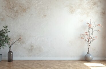 Aufkleber - Artistic wall background with copy space. Interior design features textured plastered wall, parquet floor. Vases with floral compositions. Modern home decor, living room ambiance. Abstract grunge