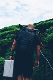Back view of male tourist with travel backpack go up in green mountain with tea plantation during expedition of asia natural environment.Experienced hiker with black rucksack in wild landscapes