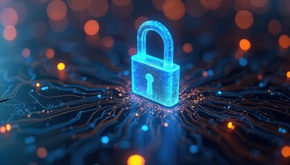 Poster - Digital lock glowing over circuit board represents data protection in cybersecurity. Encryption system, information safety concept. Cyber security, network data, digital privacy, server protection,