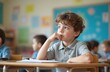 © miss irine - Elementary school student sits at desk thinking. Thoughtful boy in class, concentrating on math problem, with serious expression. Primary school, education, back to school concept, kids learning.
