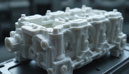 Poster - 3D printed engine block close-up. White model made with advanced tech. Perfect for automotive tech, engineering, innovation concepts. Tech future, industry, modern digital design.