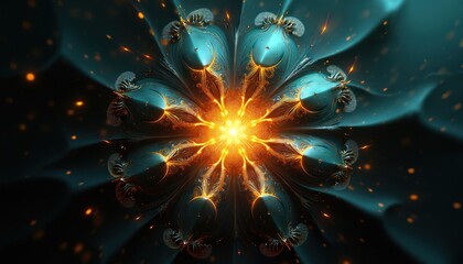 Poster - Abstract fractal design radiates from central point. Vibrant teal emerald, orange colors with gold details. Illustration features intricate geometry, symmetrical circular shape. Dynamic energy