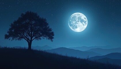 Poster - Digital artwork featuring tree silhouette against starry night sky, big moon. Forest, mountain silhouettes create serene atmospheric landscape. Moonlight, dark colors, blue tones evoke dreamy, calm