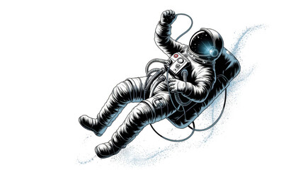 Poster - Hand drawn image of an astronaut floating in the vast expanse of space, tethered to his spacecraft, with a transparent background for easy integration into various design projects