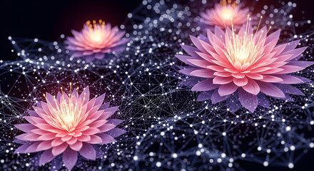 Fototapete - Stunning Digital Art Glowing Lotus Flowers and Abstract Network on Black Background - Nature and Technology Fusion.