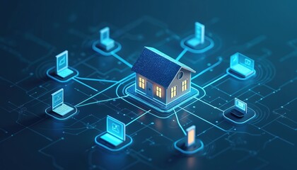 Poster - Smart home technology connects devices with house automation. Wireless tech innovation, remote control, communication illustrated. Computer, phone, tablet, sensor, monitoring, control, security.