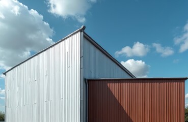Aufkleber - Industrial building exterior against blue sky white clouds. Modern architecture, office space, warehouse, factory. Metal roof, corrugated walls. Corporate design. Urban construction, business,