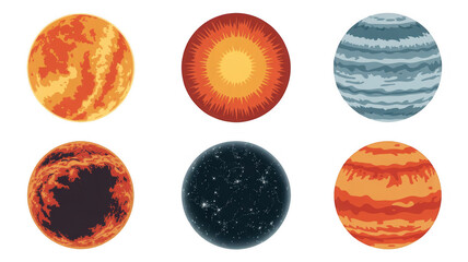 Poster - Six colorful planets are rotating, showcasing diverse colors, textures, and atmospheric conditions, set against a transparent background, perfect for space themed projects
