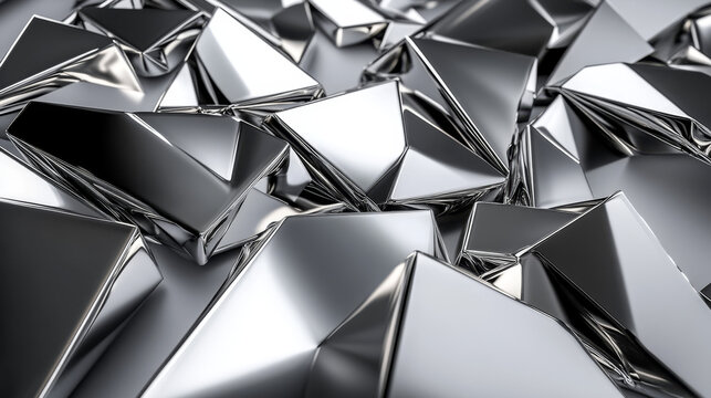 3D rendered chrome pattern composed of geometric shapes on a gray surface for abstract design concepts