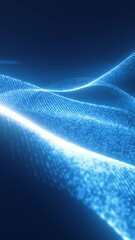 Poster - High-tech blue digital mesh forms flowing waves of data points on a dark background