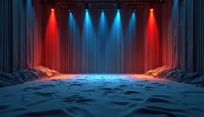 Aufkleber - Illustration shows a theater stage. Stage floor covered with snow and draped curtains. Stage lights, red and blue. Scene ideal performance, concert or play backdrop. Festive mood.
