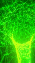 Poster - Dark background with green particle trails streaking across, creating a cosmic effect with bokeh lights