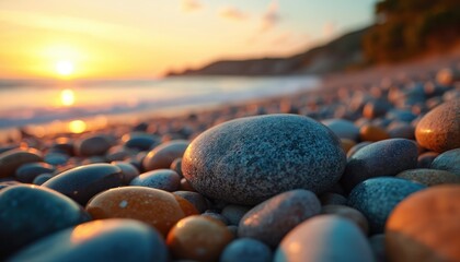 Aufkleber - Beach stones at sunset. Ocean waves, blurred background. Pebbles on seashore, golden hour. Scenic landscape, vacation mood. Natural beauty, travel tourism, rocks texture.