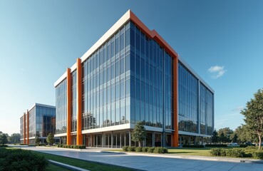 Aufkleber - Modern office building with glass facade. Architectural exterior design, business concept. Commercial property, real estate investment, corporate headquarters. Reflective windows, blue sky, green