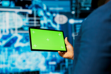 Poster - Professional guy in a high tech space uses mockup screen with AI modern tools, representing artificial intelligence data structures and intelligent systems. Innovation and cybernetics for science.