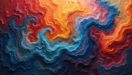 Poster - Abstract art with vibrant colors swirling. Dynamic forms, textures create depth, movement, artistic expression. Rich hues of blue, orange, red evoke emotion. Modern design for print, decor or web.