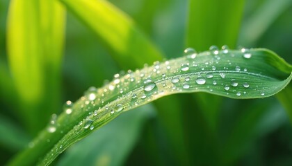 Fototapete - Fresh green corn leaf with sparkling water droplets. Nature background close up photo. Clear water drops texture, freshness, dew, moisture. Perfect natural wallpaper, beauty, life concept.