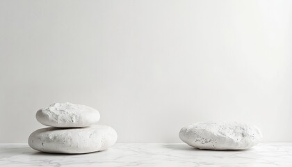 Aufkleber - Minimalist composition with white stones on marble surface. Clean aesthetic background for product presentation, display. Subtle, modern design emphasizes elegance. Pure white stones creates