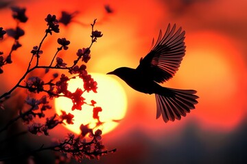 Poster - Silhouette of bird flying away from cherry blossom tree during the golden hour of a scenic sunset near a park in Spring