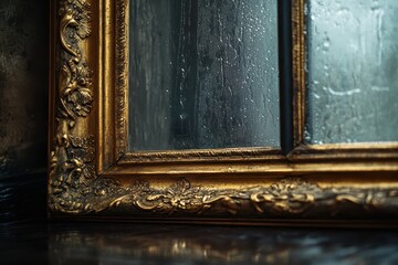 Aufkleber - Ornate gilded antique window reflects light in dark room corner, creating artistic, moody atmosphere