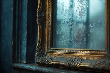 Aufkleber - Ornate gilded antique window reflects light in dark room corner, creating artistic, moody atmosphere