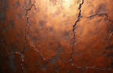 Aufkleber - Copper wall texture with cracks in shades of bronze and orange. Rustic metallic surface. Rough weathered industrial background. Old cracked metal or copper plate grunge pattern, great for design.