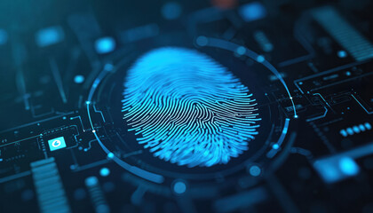 Poster - Digital fingerprint against blue tech background with data elements. Biometric tech security concept with network, data encryption, futuristic design. Modern innovation.