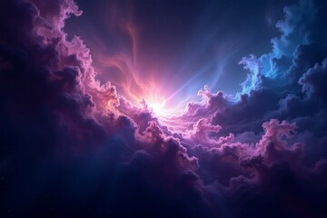vibrant cosmic nebula with swirling colors of purple and blue against a dark starry background, show