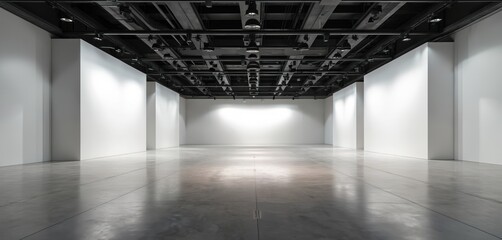 Aufkleber - Empty modern exhibition hall. White walls polished concrete floors, modular lighting. Minimalist design for trade shows expos events. Business background. Space for advertising product demonstration.