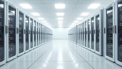 Aufkleber - Modern server room interior with rows of servers. Bright lights illuminate tech infrastructure, data storage, web hosting, cloud computing. Clean, organized space for data transfer, digital security.