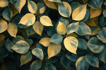 Poster - Close-up view of light yellow and green leaves with a blurred dark green leaf background in a garden during the late afternoon