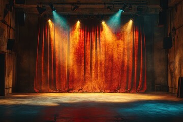 Poster - Stage lighting shines on wooden floor in empty theatre with curtains and brick wall creating a dramatic atmosphere in the auditorium