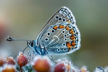 Poster - Close view of european peacock butterfly resting on a green leaf with water droplets after a rainy spring morning in the garden, displaying its vibrant colors and patterns
