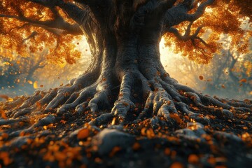 Poster - Enormous old tree stands with exposed roots during the golden hour in Autumn, scattered with orange leaves on the ground creating a warm, enchanting forest landscape