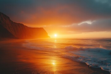 Aufkleber - Stunning sunset over sea and beach in Portugal, with dark clouds and orange sunlight reflecting on the water and cliffside