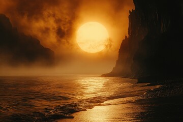 Aufkleber - Stunning sunset over sea and beach in Portugal, with dark clouds and orange sunlight reflecting on the water and cliffside