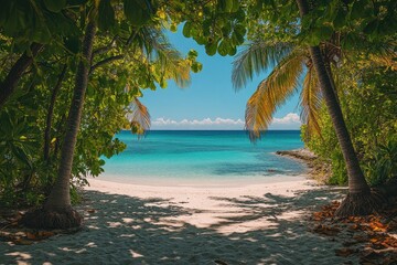 Poster - Tropical beach sunrise in Seychelles with palm trees framing sandy cove and turquoise water creates a peaceful and relaxing vacation paradise